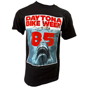 Black t-shirt with Daytona Bike Week 85 graphic design on a white background