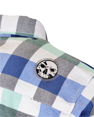 Demons Behind Me Men's Sea Breeze Button-Up Flannel Long Sleeve Shirt, White/Blue SBF0011