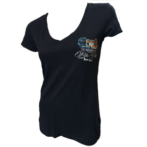 Black t-shirt with a graphic design on a white background