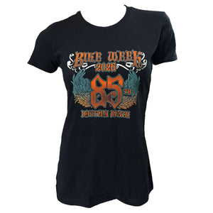 Black t-shirt with 'Bike Week 2023' graphic design on a white background