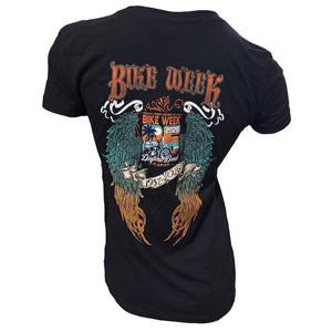 Black t-shirt with 'Bike Week' graphic design on a white background