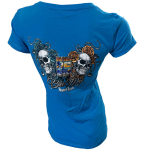 Blue t-shirt with skull design and text on a white background
