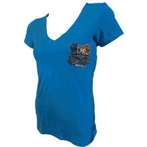 Blue t-shirt with a graphic design on a white background