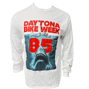 White long-sleeve shirt with Daytona Bike Week 85 graphic design on a white background