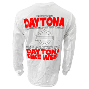 White long-sleeve shirt with red and black text and graphics on a white background