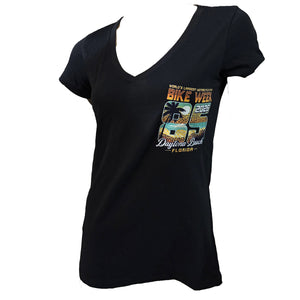 Black t-shirt with graphic design on a white background