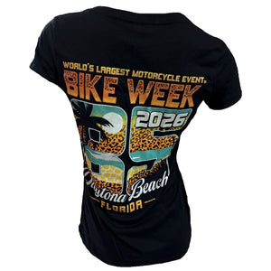 Black t-shirt with 'Bike Week 2022' graphic design on a white background