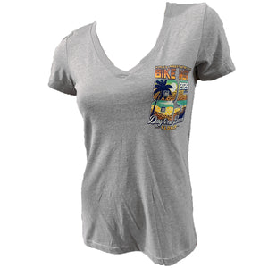 Gray t-shirt with a colorful graphic design on a white background