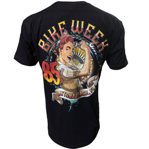 Black t-shirt with a graphic design of a woman flexing her arm and 'Bike Week 85 Daytona Beach, FL' text on the back.