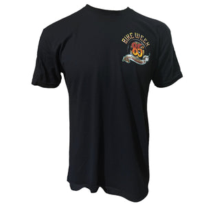 Black t-shirt with a graphic design on the chest against a white background