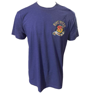 Blue t-shirt with a graphic design on a white background