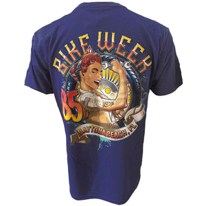 Blue t-shirt with a graphic design on the back featuring a woman lifting weights and text.