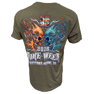 Green t-shirt with colorful skull design and 'Bike Week' text on a white background