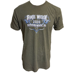 Green t-shirt with 'Bike Week 2026 Daytona Beach FL' text and graphics on a white background