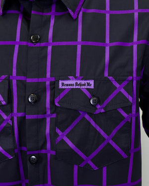 Demons Behind Me Men's Raven Light Weight 4 Way Stretch Button-Up Short Sleeve Shirt, Black/Purple RBU001