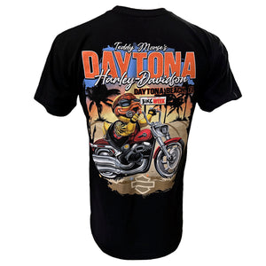 Black t-shirt with a colorful graphic of a motorcycle and beach scene, featuring 'Daytona Harley-Davidson' text. Daytona Jeep beach week duck