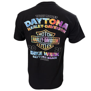 Black t-shirt with colorful Daytona Harley-Davidson branding on a white  BIKE WEEK 2026 85TH background