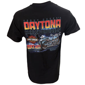 Black t-shirt with colorful Daytona Harley-Davidson graphic on a white background