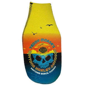 Neoprene bottle cooler with Teddy Morse's Daytona Harley-Davidson branding on a white background