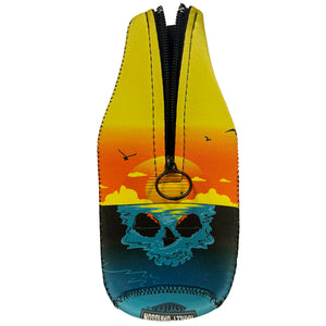 Neoprene can cooler with skull design and sunset beach scene on a white background