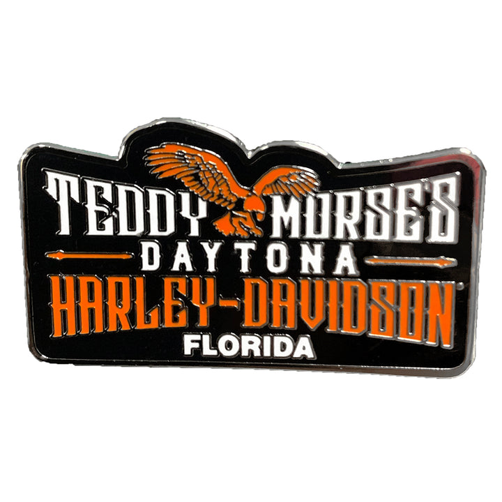 Teddy Morse's Daytona Harley-Davidson Exclusive Eagle Logo Pin, 1.5", Black/Orange
