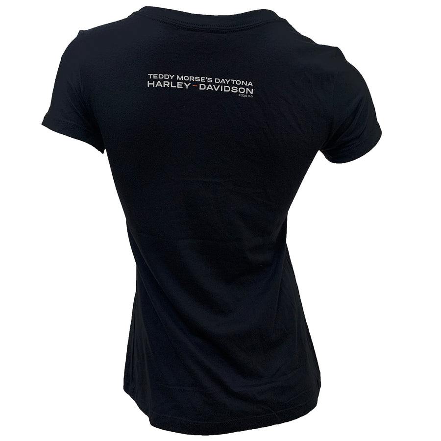 Teddy Morse's Daytona Harley-Davidson Women's Exclusive Eagle Logo W/ Rhinestones Short Sleeve Shirt, Black