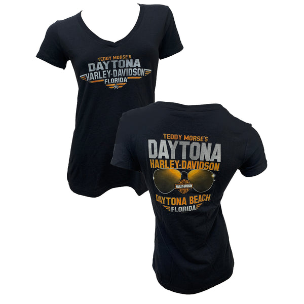 Teddy Morse's Daytona Harley-Davidson Women's Exclusive Aviator V-Neck Short Sleeve Shirt, Black
