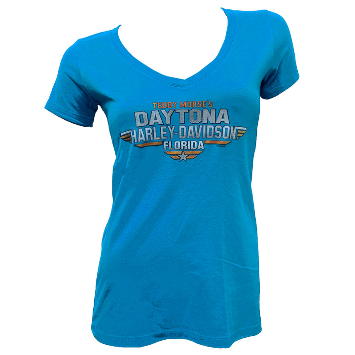 Teddy Morse's Daytona Harley-Davidson Women's Exclusive Aviator V-Neck Short Sleeve Shirt, Turquoise Blue