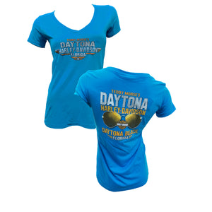 Teddy Morse's Daytona Harley-Davidson Women's Exclusive Aviator V-Neck Short Sleeve Shirt, Turquoise Blue