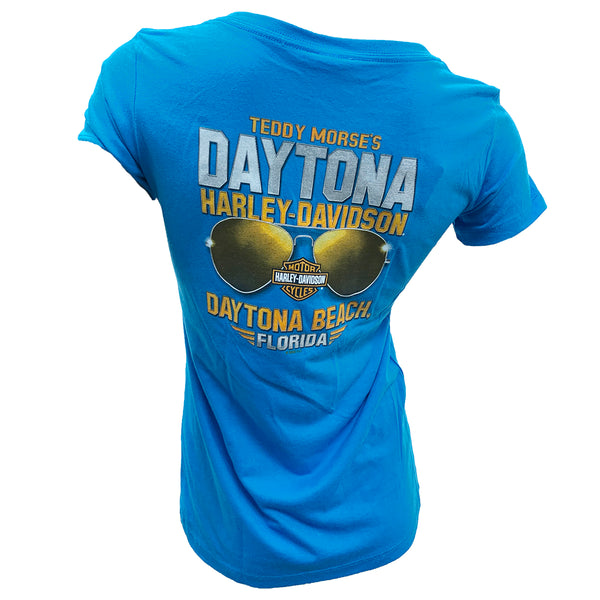 Teddy Morse's Daytona Harley-Davidson Women's Exclusive Aviator V-Neck Short Sleeve Shirt, Turquoise Blue