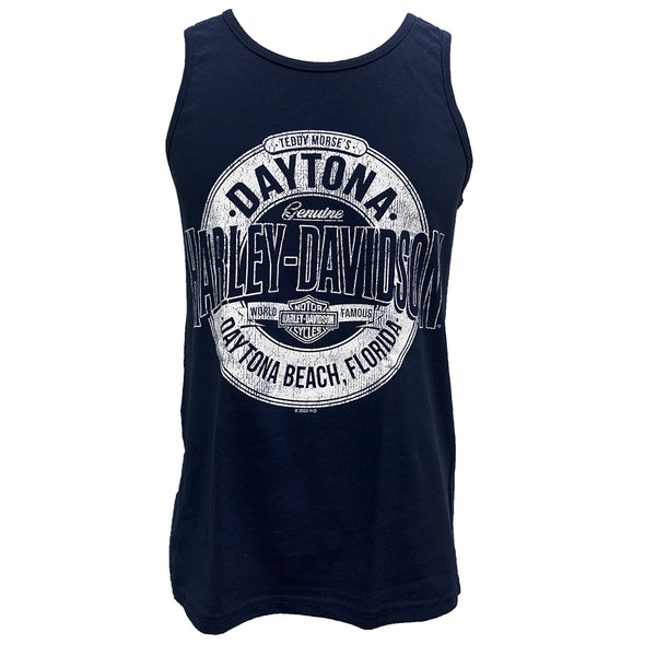 Teddy Morse's Daytona Harley-Davidson Exclusive Men's Crusader Tank Top Sleeveless Shirt, Navy Blue