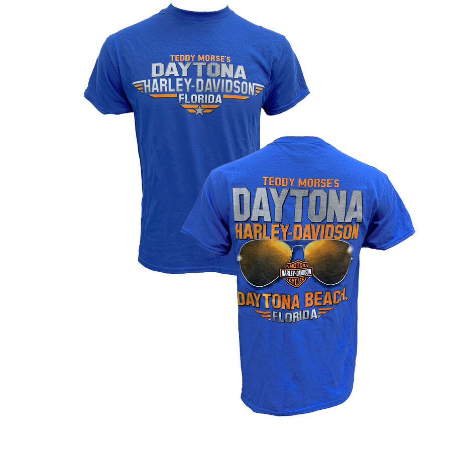 Teddy Morse's Daytona Harley-Davidson Men's Exclusive Aviator Short Sleeve Shirt, Royal Blue