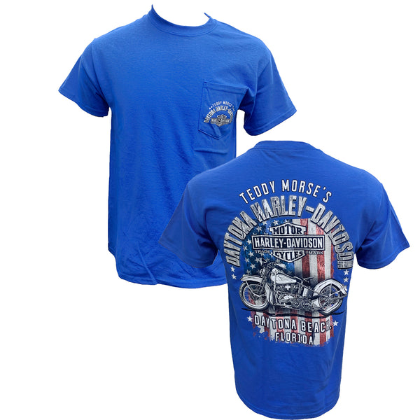 Teddy Morse's Daytona Harley-Davidson Men's Americana Short Sleeve Pocket Shirt, Royal Blue