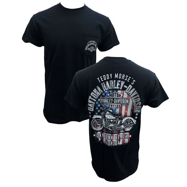 Teddy Morse's Daytona Harley-Davidson Men's Americana Short Sleeve Pocket Shirt, Black