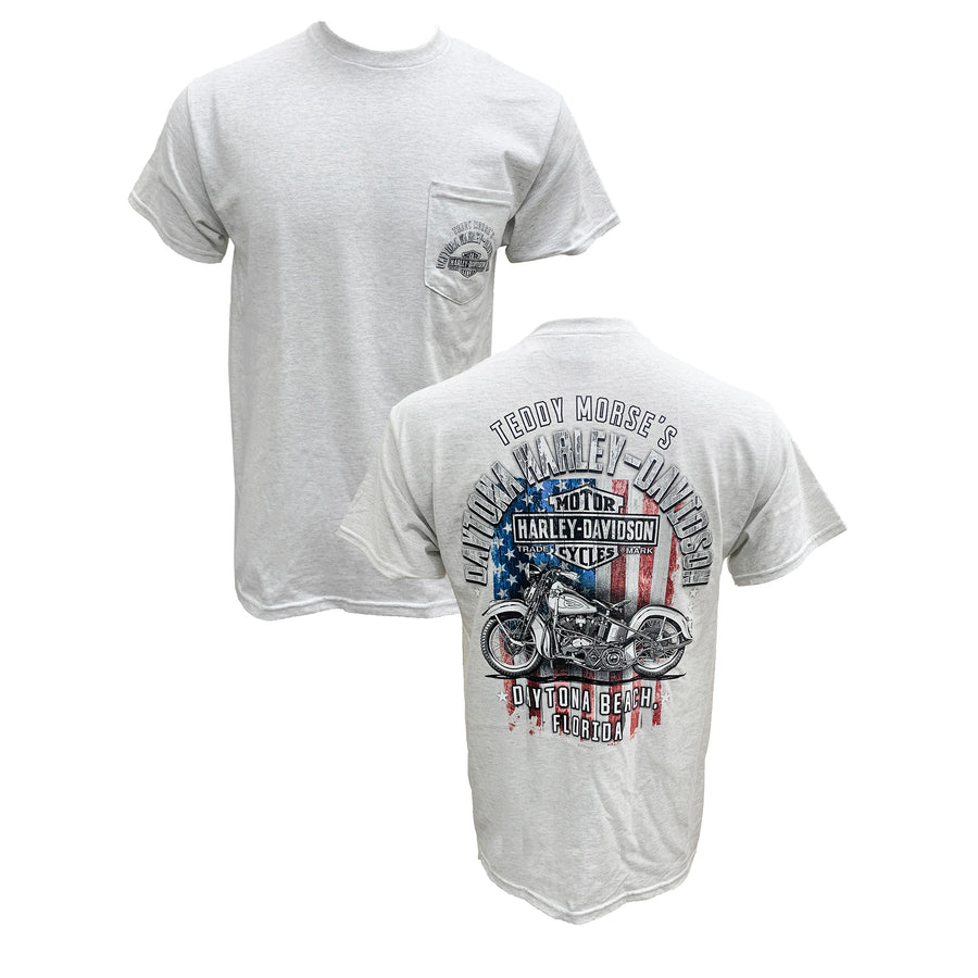 Teddy Morse's Daytona Harley-Davidson Men's Americana Short Sleeve Pocket Shirt, Heather Gray