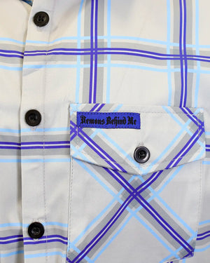 Demons Behind Me Men's Blueprint Light Weight 4 Way Stretch Button-Up Short Sleeve Shirt, White/Blue GBU002