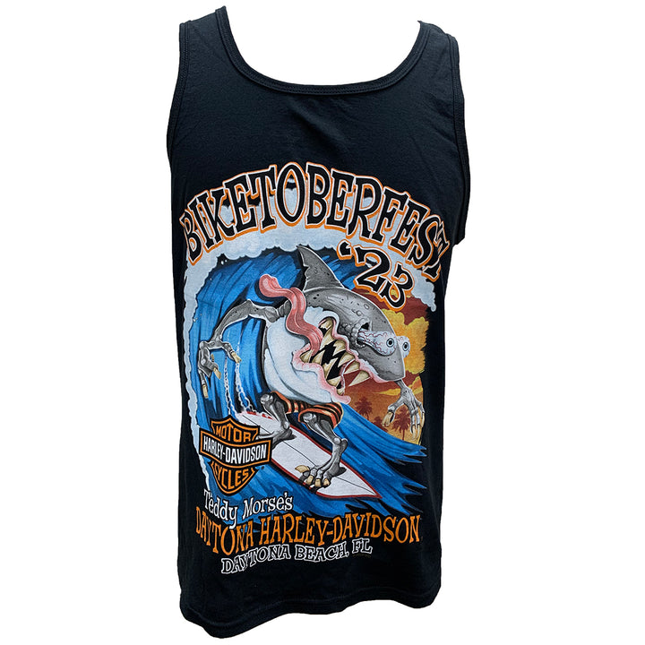 Teddy Morse's Daytona Harley-Davidson Men's Biketoberfest 2023 Surfin' Shark Tank Top Sleeveless Shirt, Black