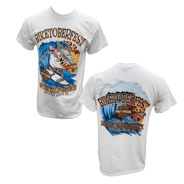 Teddy Morse's Daytona Harley-Davidson Men's Biketoberfest 2023 Surfin' Shark Short Sleeve Shirt, White