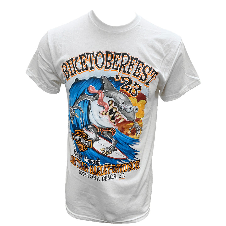 Teddy Morse's Daytona Harley-Davidson Men's Biketoberfest 2023 Surfin' Shark Short Sleeve Shirt, White