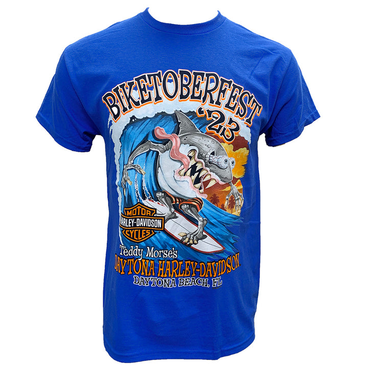 Teddy Morse's Daytona Harley-Davidson Men's Biketoberfest 2023 Surfin' Shark Short Sleeve Shirt, Blue