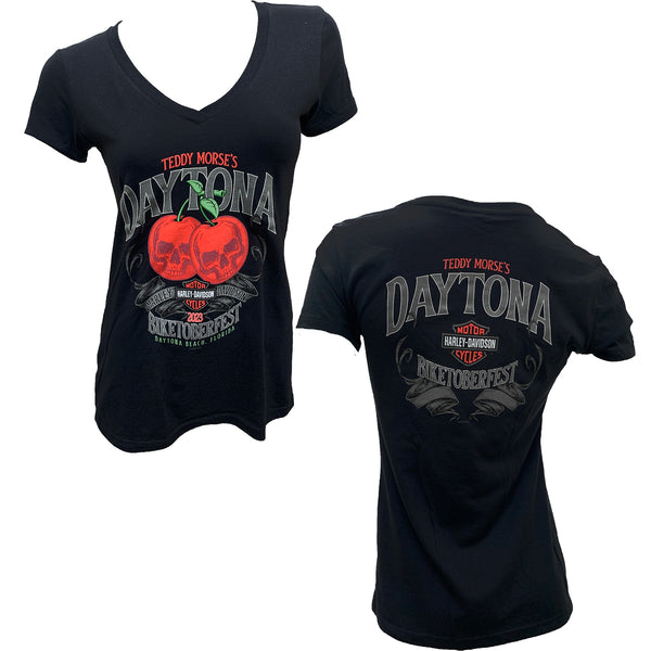 Teddy Morse's Daytona Harley-Davidson Women's Biketoberfest 2023 Cherry Skulls Short Sleeve Shirt, Black