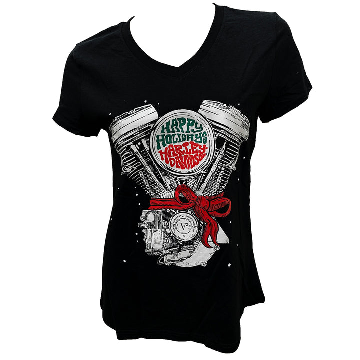 Harley-Davidson Women's Holiday Bowtie Engine Short Sleeve Shirt, Black