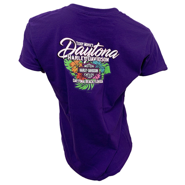 Teddy Morse's Daytona Harley-Davidson Women's Hibiscus Short Sleeve Shirt, Purple