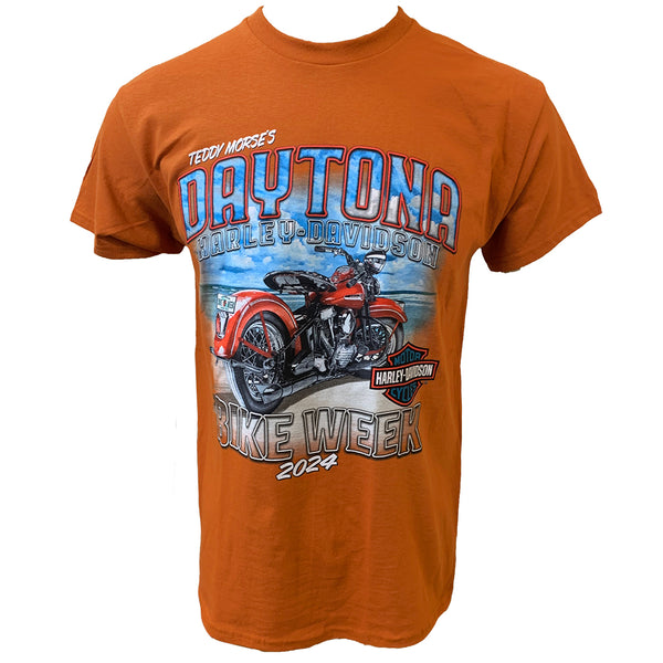 Teddy Morse's Daytona Harley-Davidson Men's Bike Week 2024 Beach Tracks Short Sleeve Shirt, Texas Orange