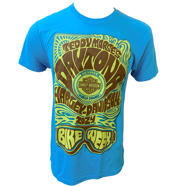 Teddy Morse's Daytona Harley-Davidson Men's Bike Week 2024 Psychedelic Short Sleeve Shirt, Light Blue