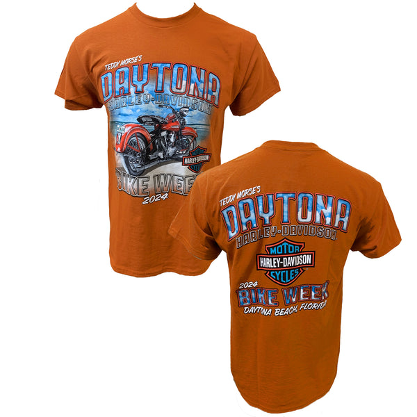 Teddy Morse's Daytona Harley-Davidson Men's Bike Week 2024 Beach Tracks Short Sleeve Shirt, Texas Orange
