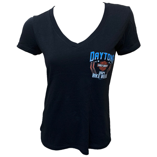 Teddy Morse's Daytona Harley-Davidson Women's Bike Week 2024 Patriotic V-Neck Short Sleeve Shirt, Black