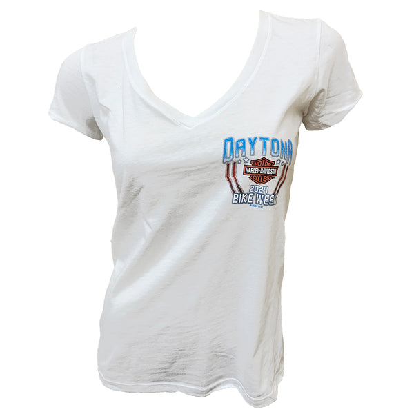 Teddy Morse's Daytona Harley-Davidson Women's Bike Week 2024 Patriotic V-Neck Short Sleeve Shirt, White
