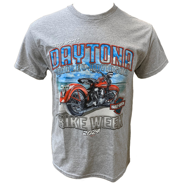 Teddy Morse's Daytona Harley-Davidson Men's Bike Week 2024 Beach Tracks Short Sleeve Shirt, Heather Gray