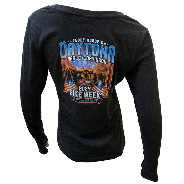 Teddy Morse's Daytona Harley-Davidson Women's Bike Week 2024 Patriotic Long Sleeve Shirt, Dark Heather Gray